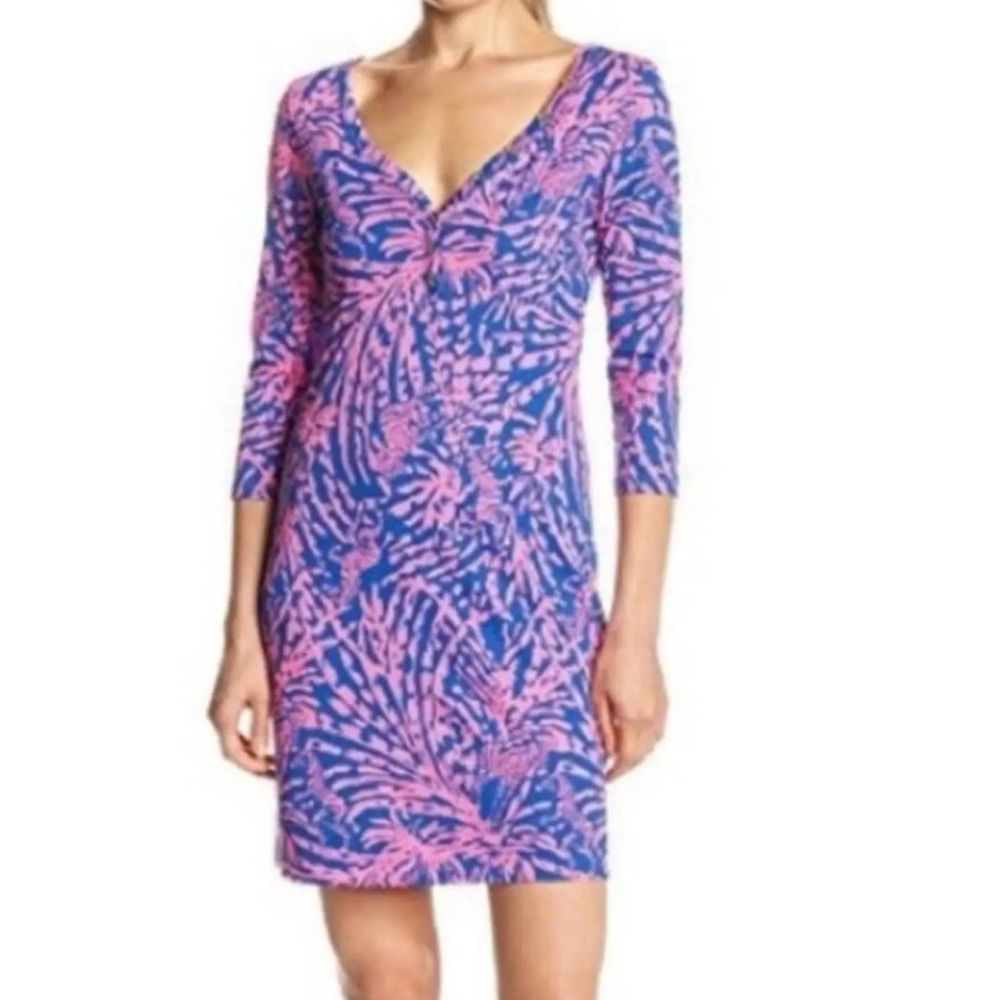 Lilly Pulitzer Pink and Blue Leaf Print Animal Print Dress XS